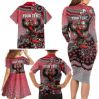 Personalized Essendon Bombers Mascot Family Matching Long Sleeve Bodycon Dress and Hawaiian Shirt Aboriginal Dot Art Style Vibrant Indigenous Pattern Design
