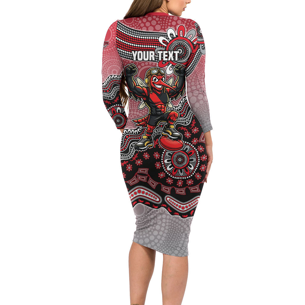 Personalized Essendon Bombers Mascot Family Matching Long Sleeve Bodycon Dress and Hawaiian Shirt Aboriginal Dot Art Style Vibrant Indigenous Pattern Design