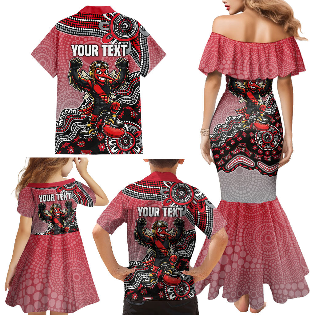 Personalized Essendon Bombers Mascot Family Matching Mermaid Dress and Hawaiian Shirt Aboriginal Dot Art Style Vibrant Indigenous Pattern Design