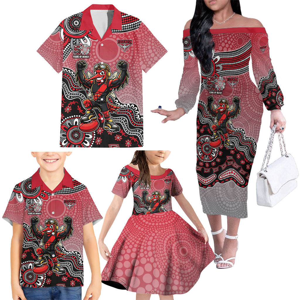 Personalized Essendon Bombers Mascot Family Matching Off The Shoulder Long Sleeve Dress and Hawaiian Shirt Aboriginal Dot Art Style Vibrant Indigenous Pattern Design