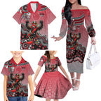 Personalized Essendon Bombers Mascot Family Matching Off The Shoulder Long Sleeve Dress and Hawaiian Shirt Aboriginal Dot Art Style Vibrant Indigenous Pattern Design