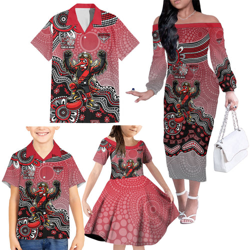 Personalized Essendon Bombers Mascot Family Matching Off The Shoulder Long Sleeve Dress and Hawaiian Shirt Aboriginal Dot Art Style Vibrant Indigenous Pattern Design