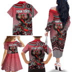 Personalized Essendon Bombers Mascot Family Matching Off The Shoulder Long Sleeve Dress and Hawaiian Shirt Aboriginal Dot Art Style Vibrant Indigenous Pattern Design