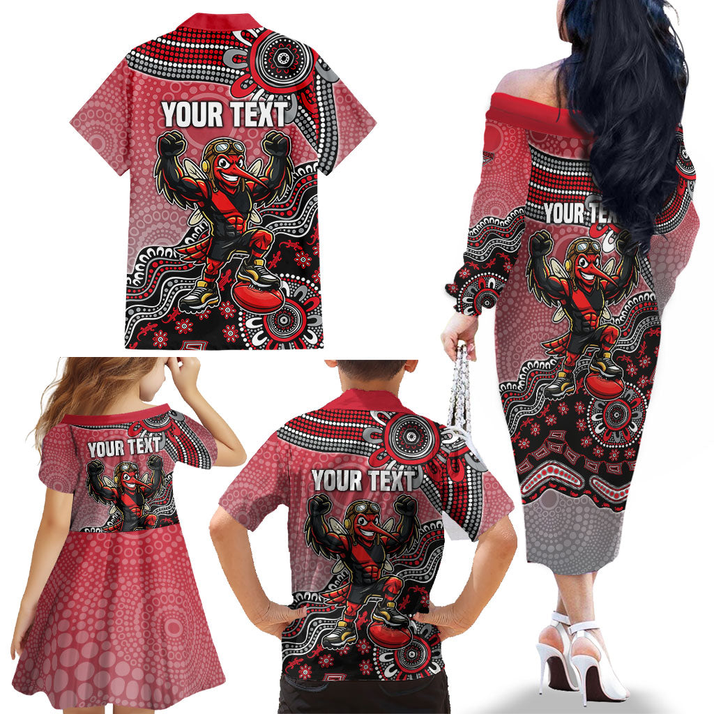 Personalized Essendon Bombers Mascot Family Matching Off The Shoulder Long Sleeve Dress and Hawaiian Shirt Aboriginal Dot Art Style Vibrant Indigenous Pattern Design