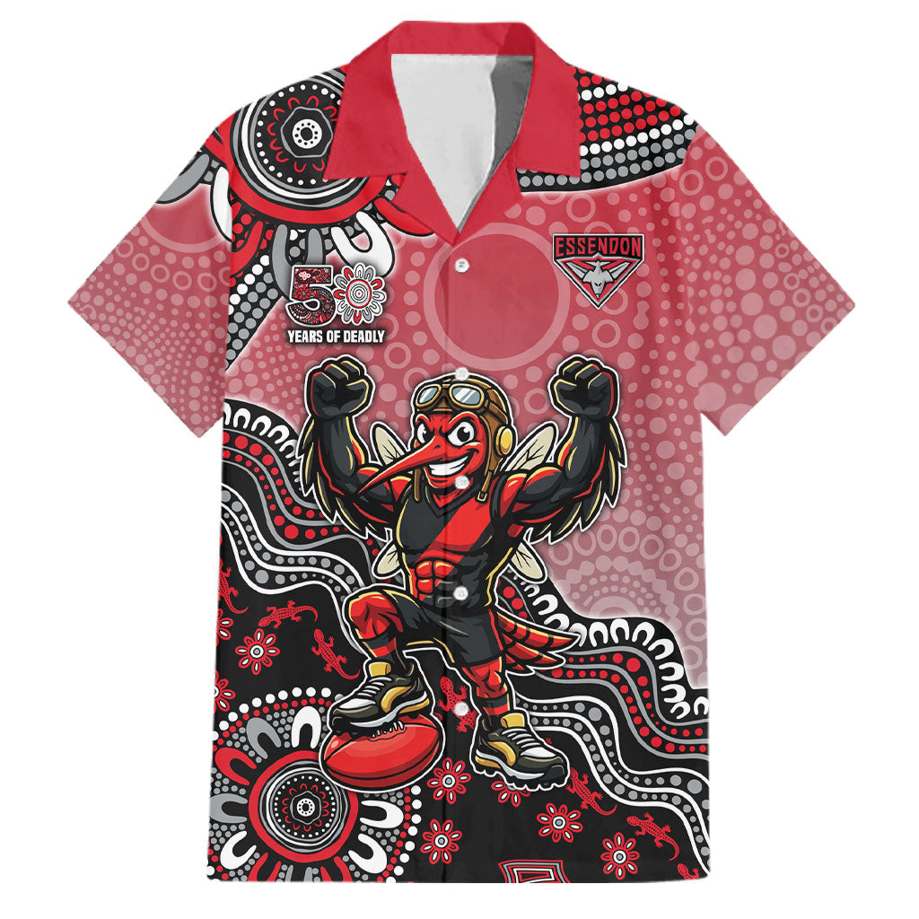 Personalized Essendon Bombers Mascot Family Matching Off The Shoulder Long Sleeve Dress and Hawaiian Shirt Aboriginal Dot Art Style Vibrant Indigenous Pattern Design