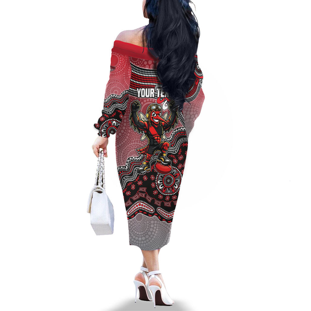 Personalized Essendon Bombers Mascot Family Matching Off The Shoulder Long Sleeve Dress and Hawaiian Shirt Aboriginal Dot Art Style Vibrant Indigenous Pattern Design