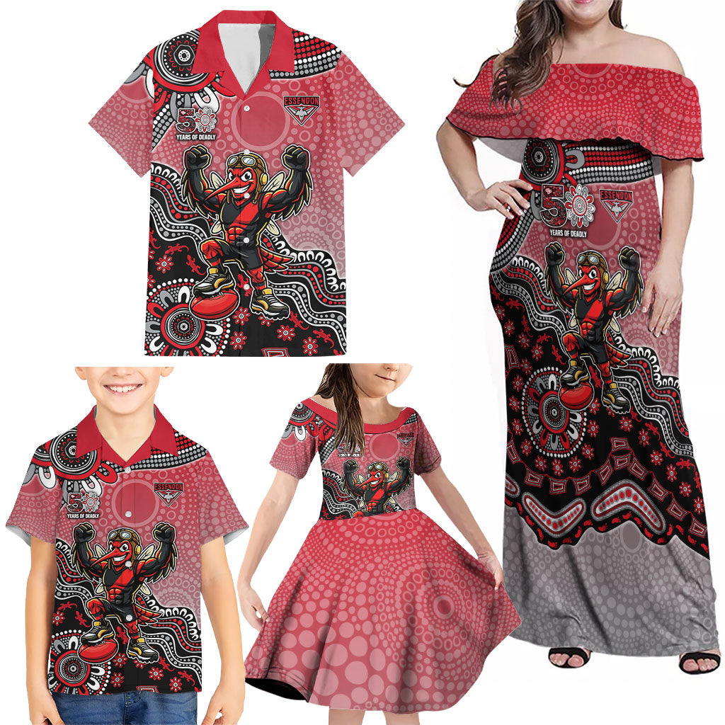 Personalized Essendon Bombers Mascot Family Matching Off Shoulder Maxi Dress and Hawaiian Shirt Aboriginal Dot Art Style Vibrant Indigenous Pattern Design