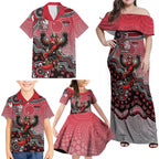 Personalized Essendon Bombers Mascot Family Matching Off Shoulder Maxi Dress and Hawaiian Shirt Aboriginal Dot Art Style Vibrant Indigenous Pattern Design