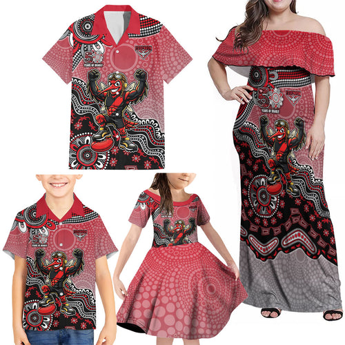 Personalized Essendon Bombers Mascot Family Matching Off Shoulder Maxi Dress and Hawaiian Shirt Aboriginal Dot Art Style Vibrant Indigenous Pattern Design