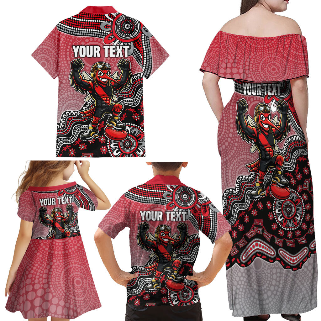 Personalized Essendon Bombers Mascot Family Matching Off Shoulder Maxi Dress and Hawaiian Shirt Aboriginal Dot Art Style Vibrant Indigenous Pattern Design