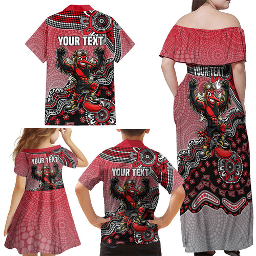 Personalized Essendon Bombers Mascot Family Matching Off Shoulder Maxi Dress and Hawaiian Shirt Aboriginal Dot Art Style Vibrant Indigenous Pattern Design