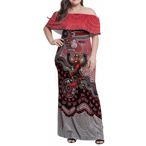 Personalized Essendon Bombers Mascot Family Matching Off Shoulder Maxi Dress and Hawaiian Shirt Aboriginal Dot Art Style Vibrant Indigenous Pattern Design