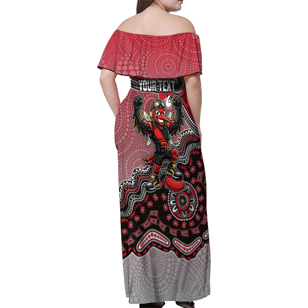 Personalized Essendon Bombers Mascot Family Matching Off Shoulder Maxi Dress and Hawaiian Shirt Aboriginal Dot Art Style Vibrant Indigenous Pattern Design