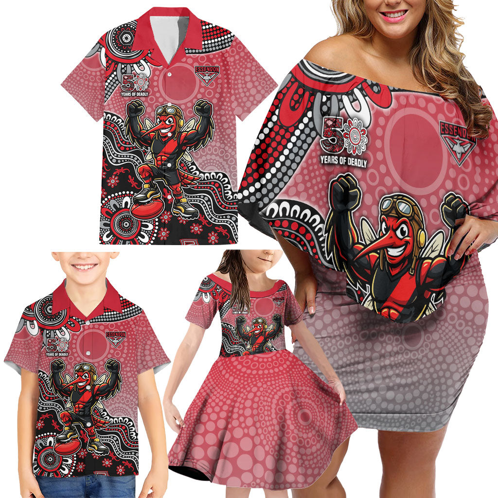 Personalized Essendon Bombers Mascot Family Matching Off Shoulder Short Dress and Hawaiian Shirt Aboriginal Dot Art Style Vibrant Indigenous Pattern Design