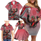 Personalized Essendon Bombers Mascot Family Matching Off Shoulder Short Dress and Hawaiian Shirt Aboriginal Dot Art Style Vibrant Indigenous Pattern Design