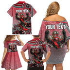 Personalized Essendon Bombers Mascot Family Matching Off Shoulder Short Dress and Hawaiian Shirt Aboriginal Dot Art Style Vibrant Indigenous Pattern Design