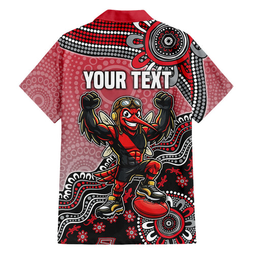 Personalized Essendon Bombers Mascot Family Matching Off Shoulder Short Dress and Hawaiian Shirt Aboriginal Dot Art Style Vibrant Indigenous Pattern Design