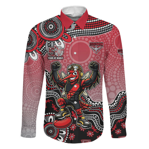 Personalized Essendon Bombers Mascot Family Matching Off Shoulder Short Dress and Hawaiian Shirt Aboriginal Dot Art Style Vibrant Indigenous Pattern Design