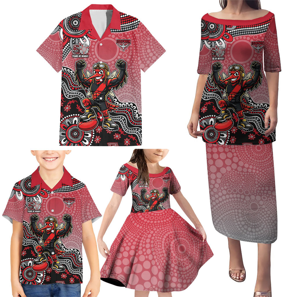 Personalized Essendon Bombers Mascot Family Matching Puletasi and Hawaiian Shirt Aboriginal Dot Art Style Vibrant Indigenous Pattern Design
