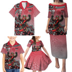 Personalized Essendon Bombers Mascot Family Matching Puletasi and Hawaiian Shirt Aboriginal Dot Art Style Vibrant Indigenous Pattern Design
