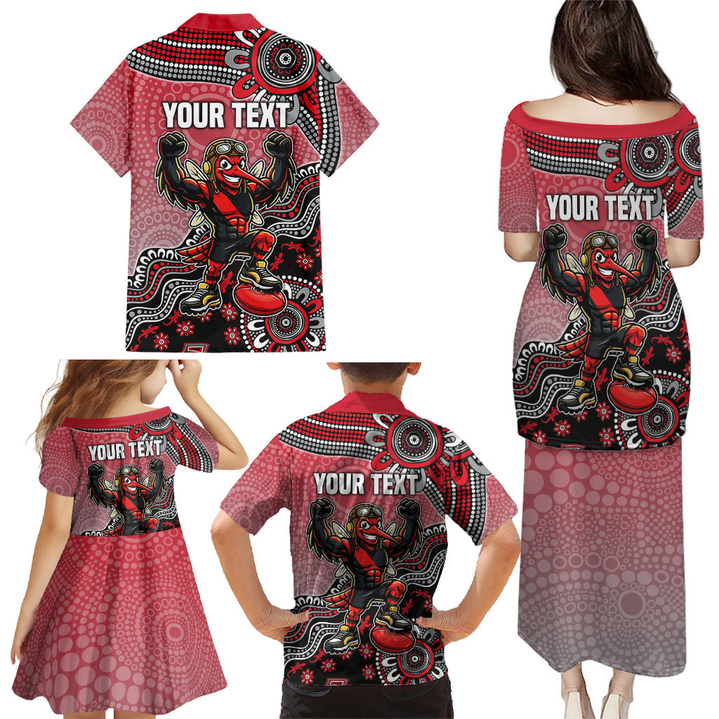 Personalized Essendon Bombers Mascot Family Matching Puletasi and Hawaiian Shirt Aboriginal Dot Art Style Vibrant Indigenous Pattern Design