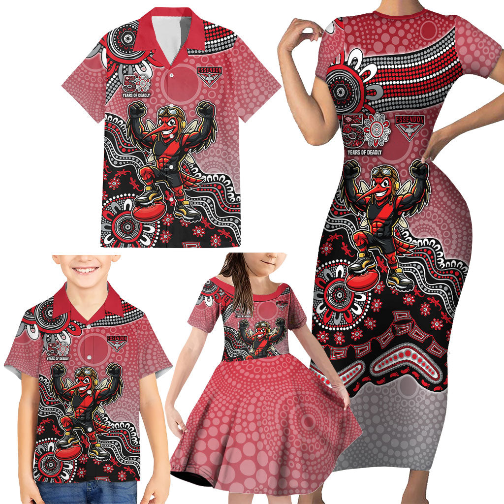 Personalized Essendon Bombers Mascot Family Matching Short Sleeve Bodycon Dress and Hawaiian Shirt Aboriginal Dot Art Style Vibrant Indigenous Pattern Design