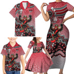 Personalized Essendon Bombers Mascot Family Matching Short Sleeve Bodycon Dress and Hawaiian Shirt Aboriginal Dot Art Style Vibrant Indigenous Pattern Design