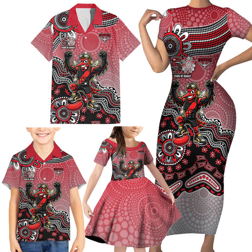 Personalized Essendon Bombers Mascot Family Matching Short Sleeve Bodycon Dress and Hawaiian Shirt Aboriginal Dot Art Style Vibrant Indigenous Pattern Design