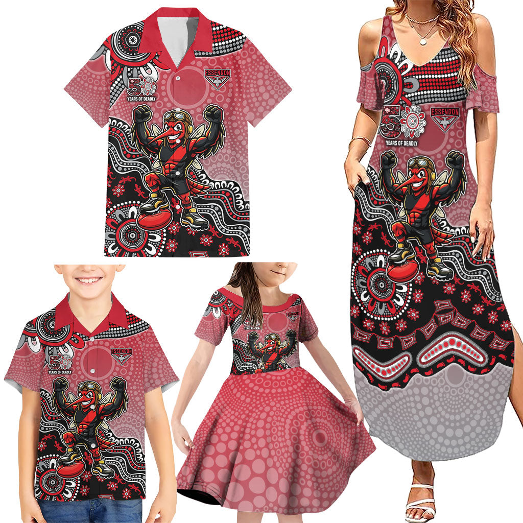Personalized Essendon Bombers Mascot Family Matching Summer Maxi Dress and Hawaiian Shirt Aboriginal Dot Art Style Vibrant Indigenous Pattern Design