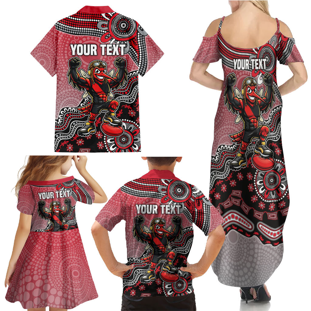 Personalized Essendon Bombers Mascot Family Matching Summer Maxi Dress and Hawaiian Shirt Aboriginal Dot Art Style Vibrant Indigenous Pattern Design