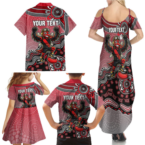 Personalized Essendon Bombers Mascot Family Matching Summer Maxi Dress and Hawaiian Shirt Aboriginal Dot Art Style Vibrant Indigenous Pattern Design