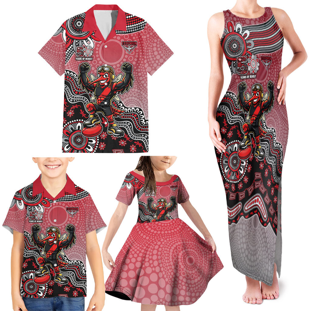 Personalized Essendon Bombers Mascot Family Matching Tank Maxi Dress and Hawaiian Shirt Aboriginal Dot Art Style Vibrant Indigenous Pattern Design