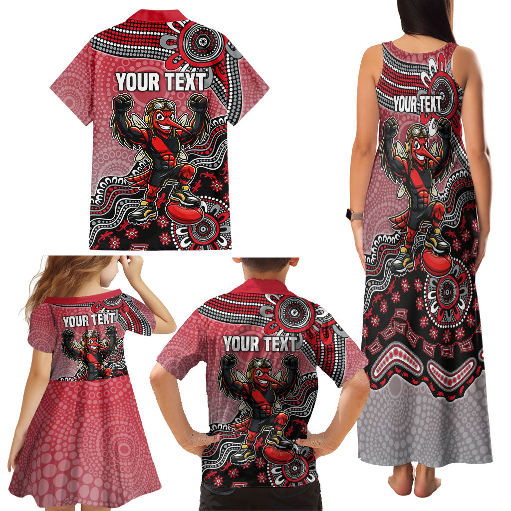 Personalized Essendon Bombers Mascot Family Matching Tank Maxi Dress and Hawaiian Shirt Aboriginal Dot Art Style Vibrant Indigenous Pattern Design