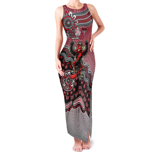 Personalized Essendon Bombers Mascot Family Matching Tank Maxi Dress and Hawaiian Shirt Aboriginal Dot Art Style Vibrant Indigenous Pattern Design