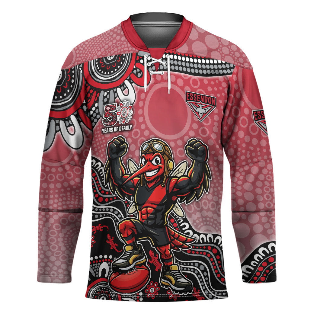 Personalized Essendon Bombers Mascot Hockey Jersey Aboriginal Dot Art Style Vibrant Indigenous Pattern Design