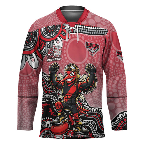 Personalized Essendon Bombers Mascot Hockey Jersey Aboriginal Dot Art Style Vibrant Indigenous Pattern Design