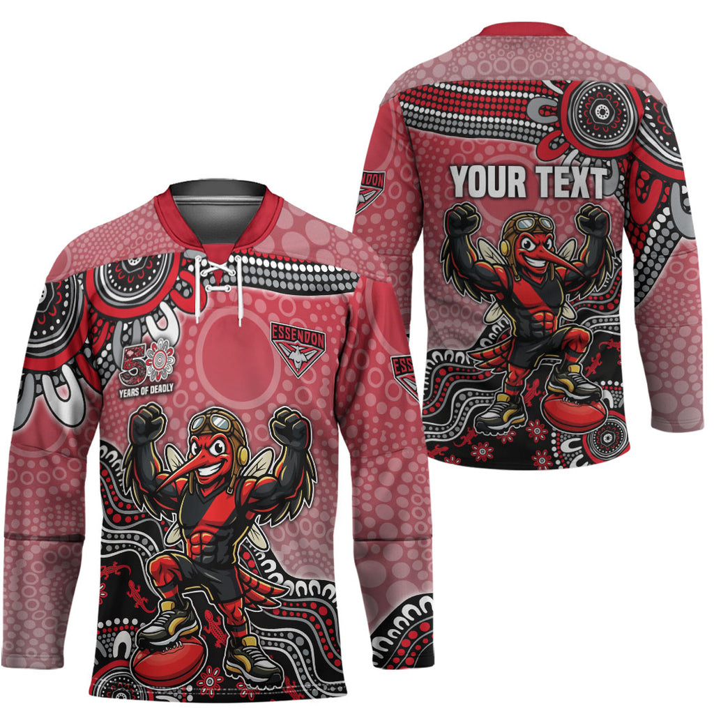 Personalized Essendon Bombers Mascot Hockey Jersey Aboriginal Dot Art Style Vibrant Indigenous Pattern Design