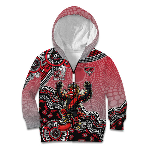 Personalized Essendon Bombers Mascot Kid Hoodie Aboriginal Dot Art Style Vibrant Indigenous Pattern Design