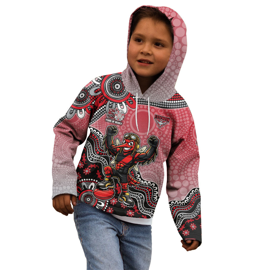 Personalized Essendon Bombers Mascot Kid Hoodie Aboriginal Dot Art Style Vibrant Indigenous Pattern Design