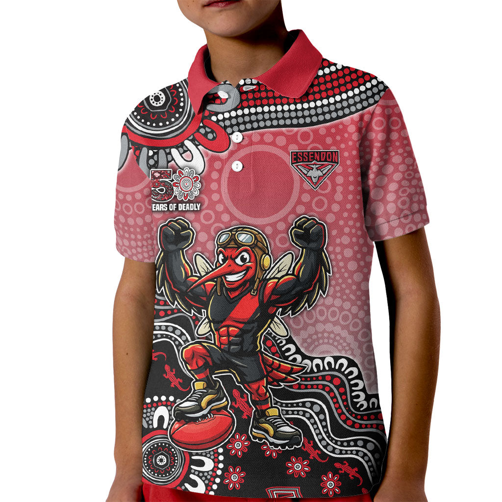 Personalized Essendon Bombers Mascot Kid Polo Shirt Aboriginal Dot Art Style Vibrant Indigenous Pattern Design