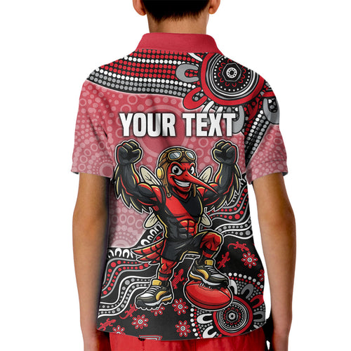 Personalized Essendon Bombers Mascot Kid Polo Shirt Aboriginal Dot Art Style Vibrant Indigenous Pattern Design