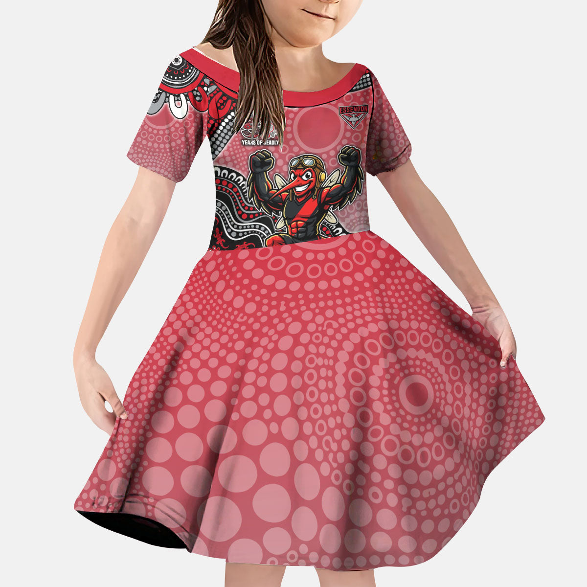 Personalized Essendon Bombers Mascot Kid Short Sleeve Dress Aboriginal Dot Art Style Vibrant Indigenous Pattern Design