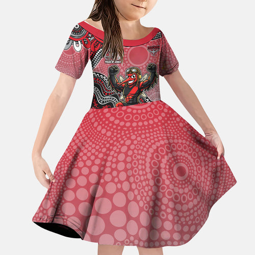 Personalized Essendon Bombers Mascot Kid Short Sleeve Dress Aboriginal Dot Art Style Vibrant Indigenous Pattern Design