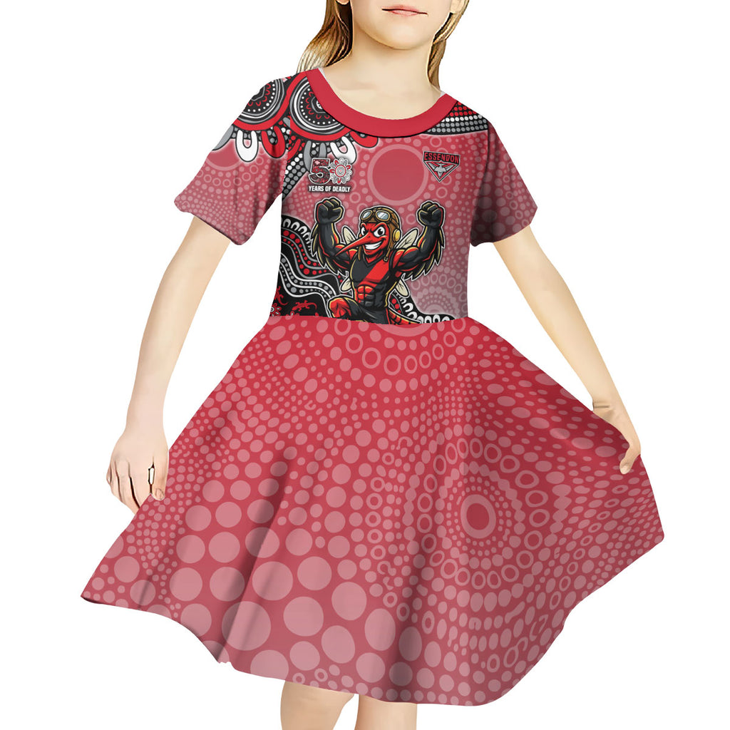 Personalized Essendon Bombers Mascot Kid Short Sleeve Dress Aboriginal Dot Art Style Vibrant Indigenous Pattern Design