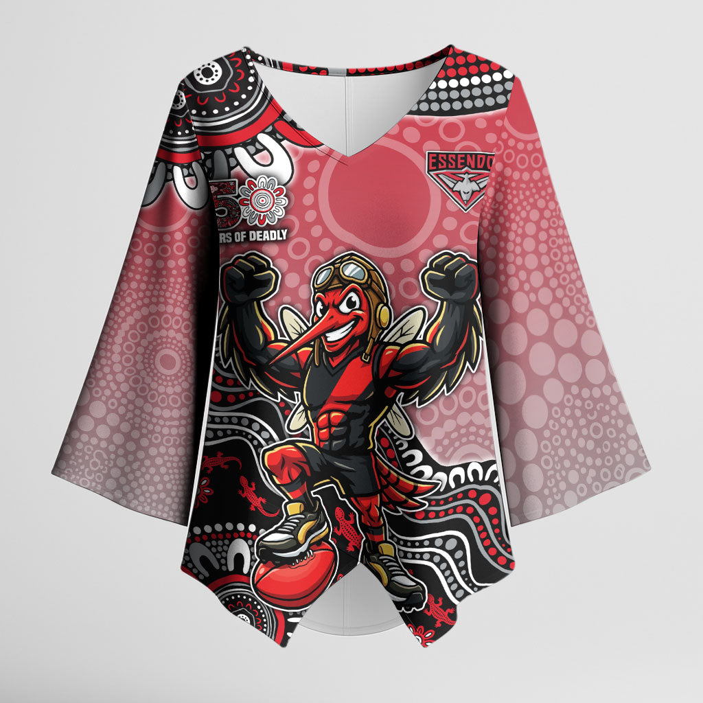 Personalized Essendon Bombers Mascot Kimono Sleeve Blouse Aboriginal Dot Art Style Vibrant Indigenous Pattern Design