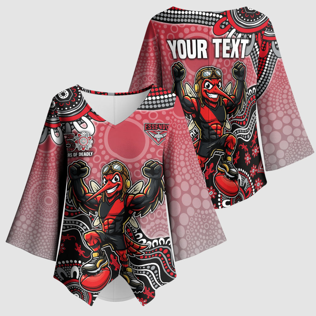 Personalized Essendon Bombers Mascot Kimono Sleeve Blouse Aboriginal Dot Art Style Vibrant Indigenous Pattern Design