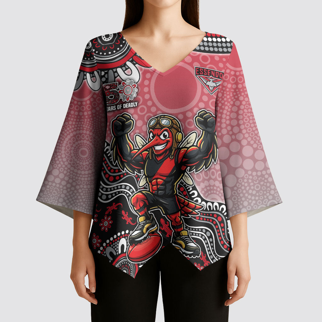 Personalized Essendon Bombers Mascot Kimono Sleeve Blouse Aboriginal Dot Art Style Vibrant Indigenous Pattern Design