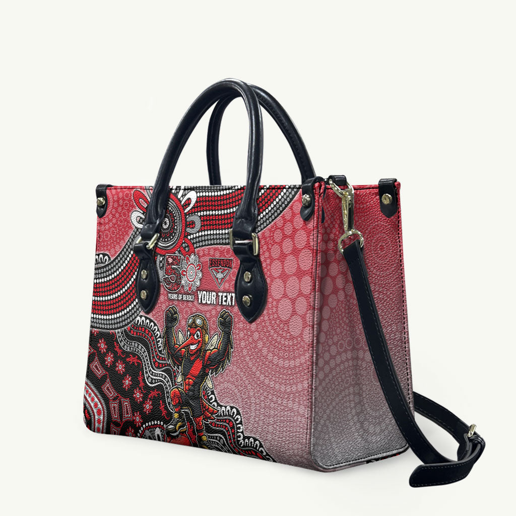 Personalized Essendon Bombers Mascot Leather Bag Aboriginal Dot Art Style Vibrant Indigenous Pattern Design