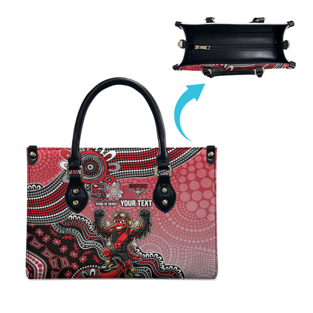 Personalized Essendon Bombers Mascot Leather Bag Aboriginal Dot Art Style Vibrant Indigenous Pattern Design