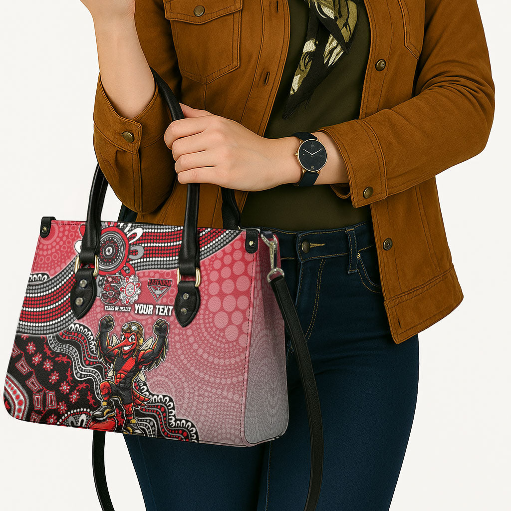 Personalized Essendon Bombers Mascot Leather Bag Aboriginal Dot Art Style Vibrant Indigenous Pattern Design